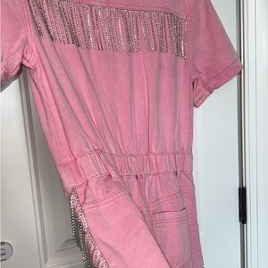 Pink denim romper with Rhinestone Fringe. NWT